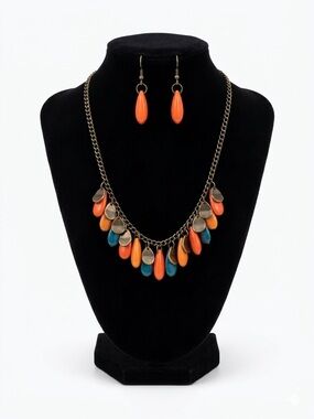 Boho Antique Bronze Teardrop Fringe Necklace & Earring Set